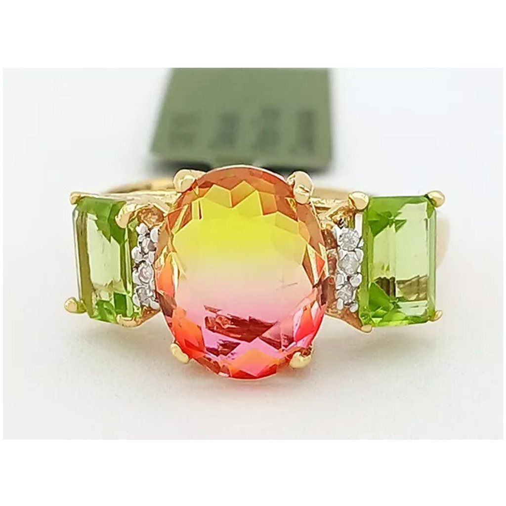 Created Tourmaline, Genuine Peridot & Diamonds Ring 10k Gold